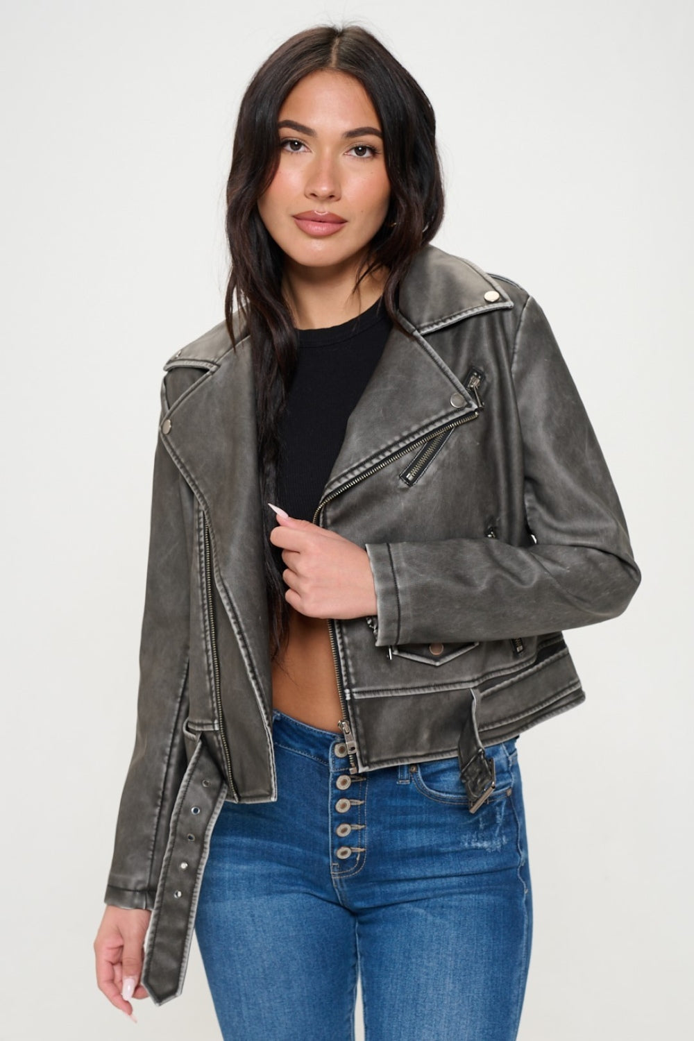 Coalition LA | Edgy Elegance Zip-Up Biker Jacket | Vegan Leather with Belt - SleekrMe