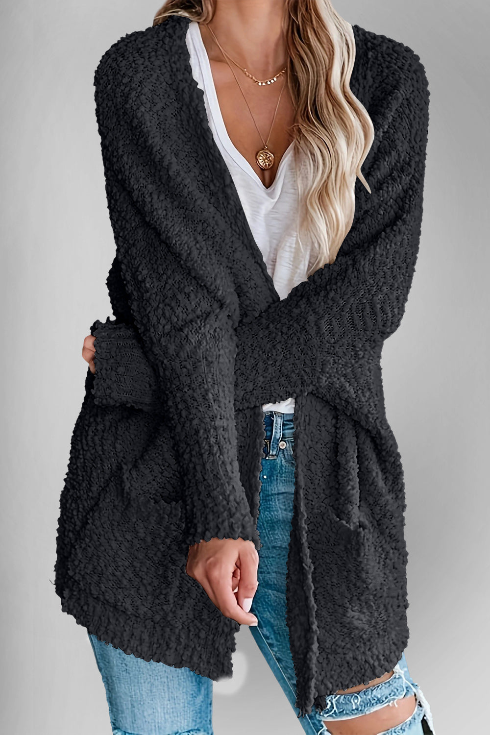 Chic Comfort Open Front Cardigan with Pockets - SleekrMe