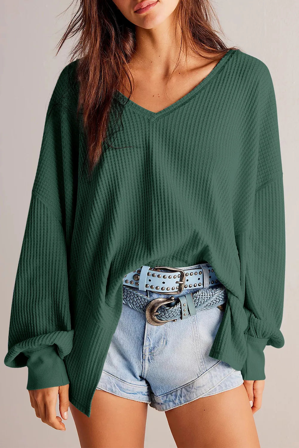 Cozy Chic Waffle-Knit V-Neck Top - SleekrMe