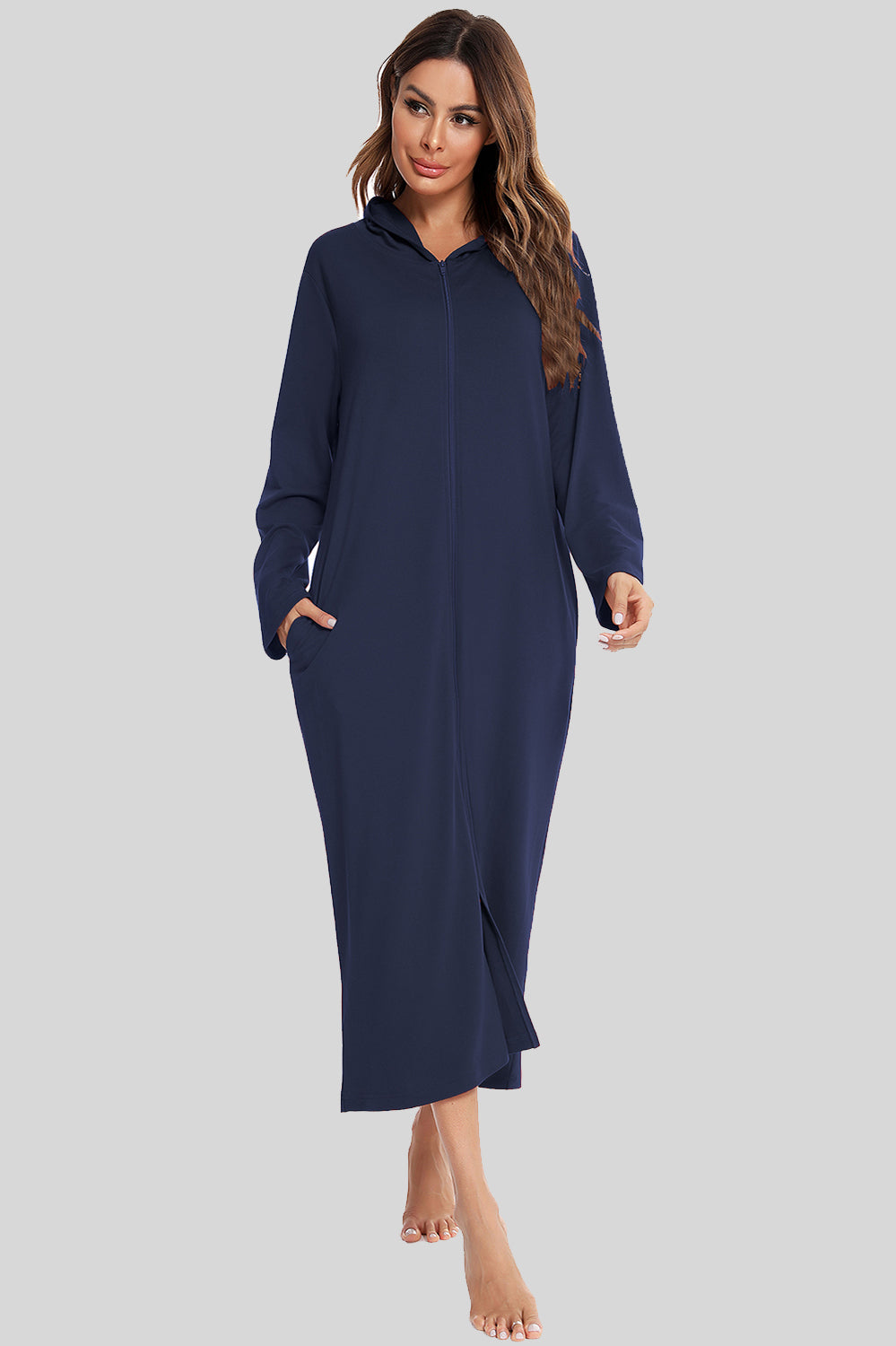 Snuggle-Up Zip Front Hooded Night Dress with Pockets - SleekrMe