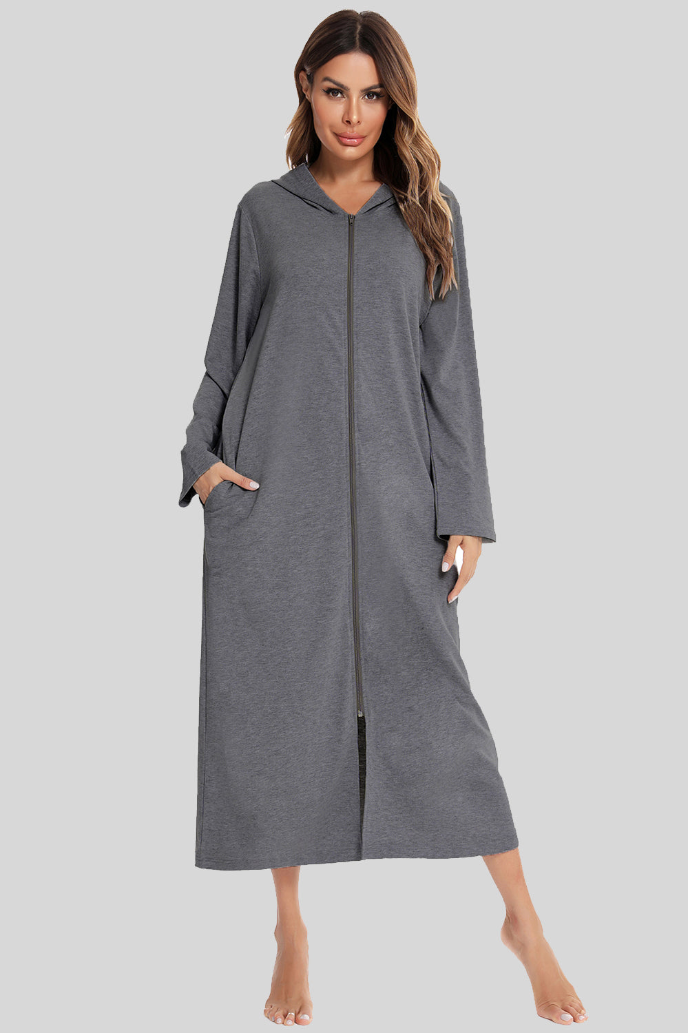 Snuggle-Up Zip Front Hooded Night Dress with Pockets - SleekrMe