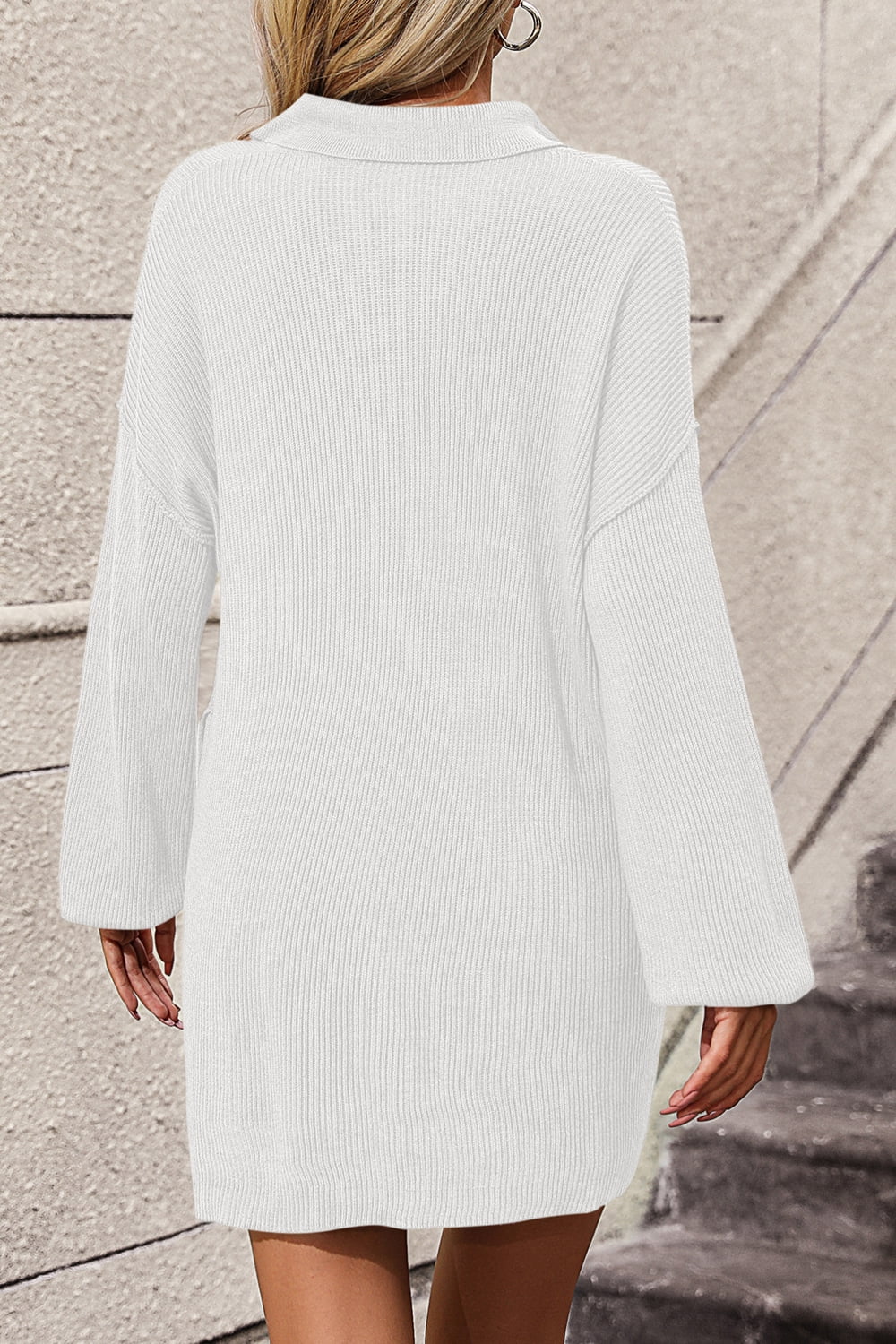 Timeless Charm Johnny Collar Drop Shoulder Sweater Dress - SleekrMe