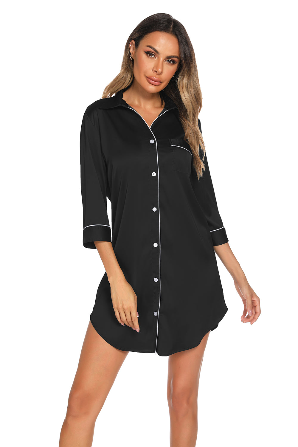 Dreamy Nights Button-Up Collared Sleep Dress - SleekrMe