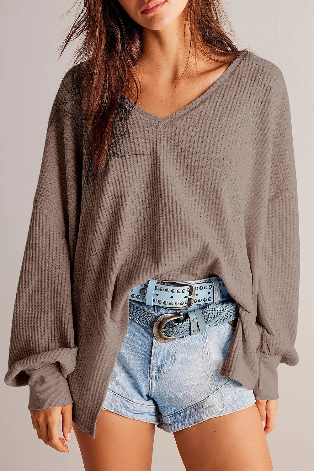 Cozy Chic Waffle-Knit V-Neck Top - SleekrMe