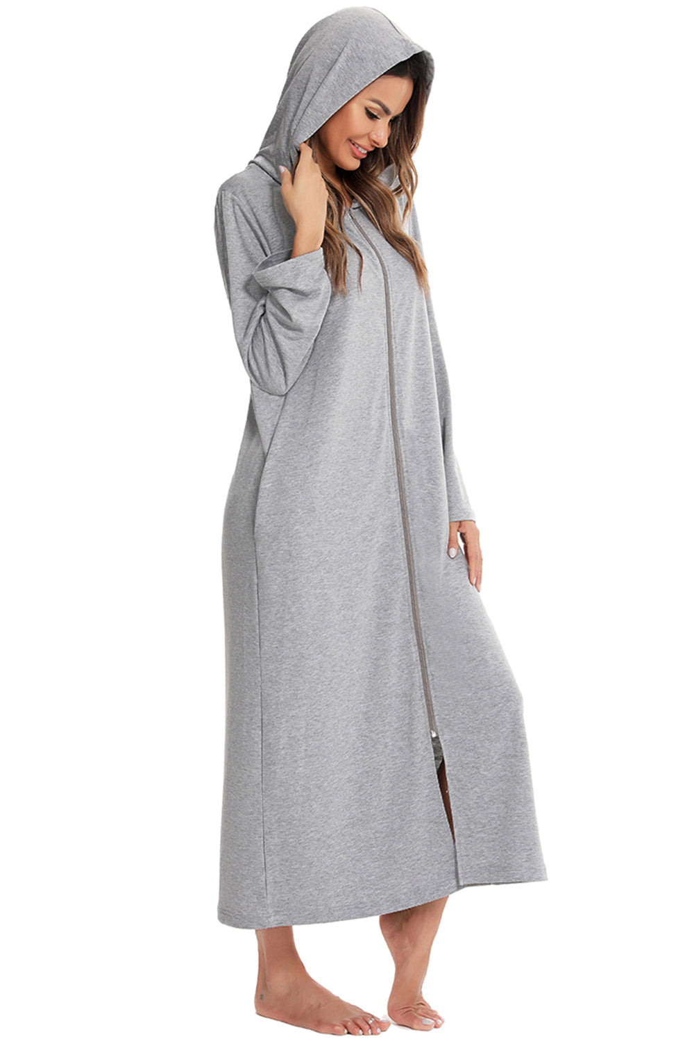 Snuggle-Up Zip Front Hooded Night Dress with Pockets - SleekrMe