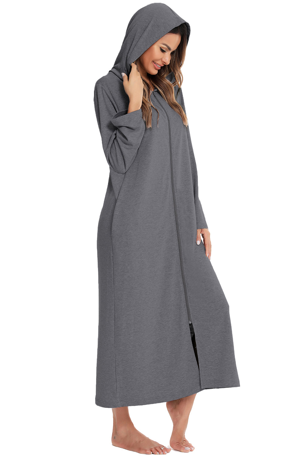 Snuggle-Up Zip Front Hooded Night Dress with Pockets - SleekrMe