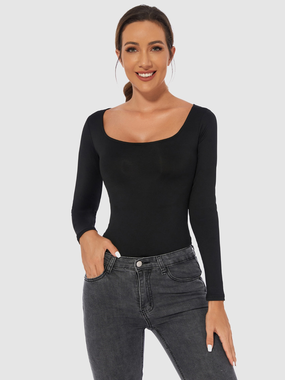 Simply Sleek Scoop Neck Long Sleeve Bodysuit - SleekrMe