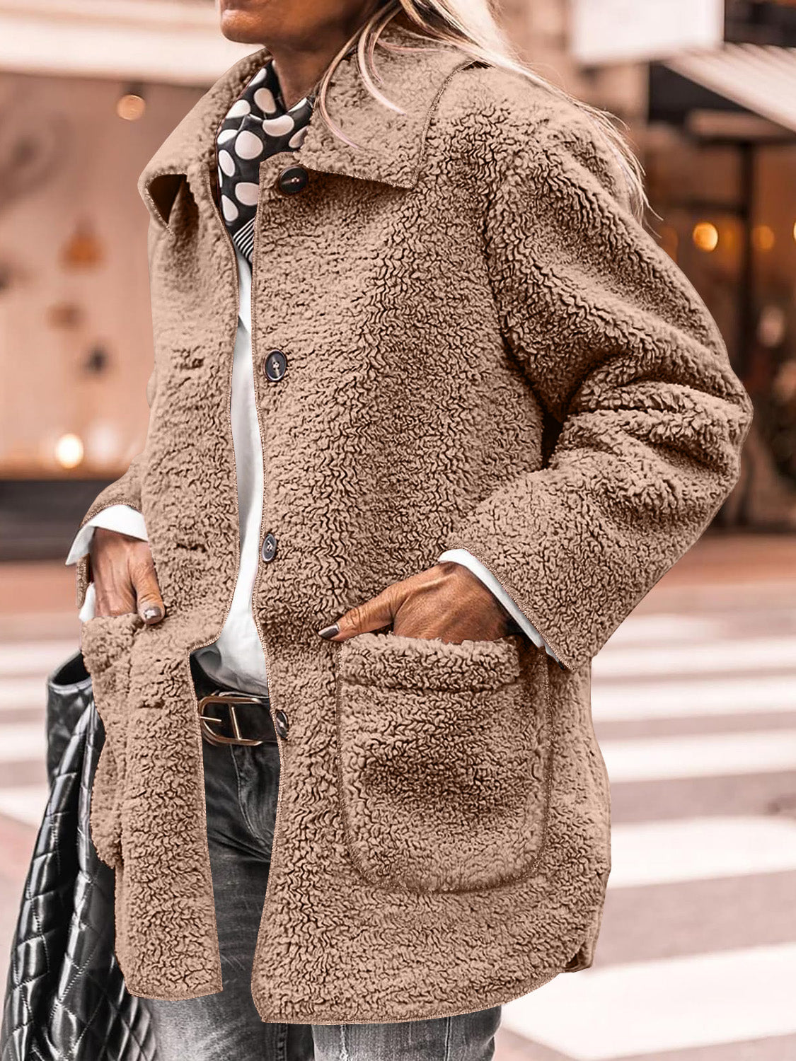 Cozy Sherpa Collared Jacket | Pocketed and Stylish for All-Day Warmth - SleekrMe