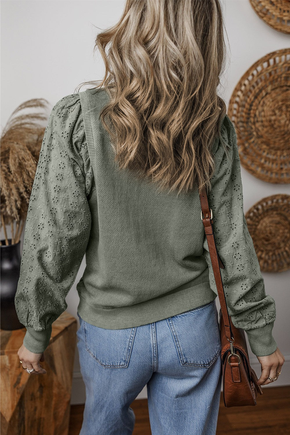 Chic Eyelet Detail Round Neck Sweatshirt - SleekrMe