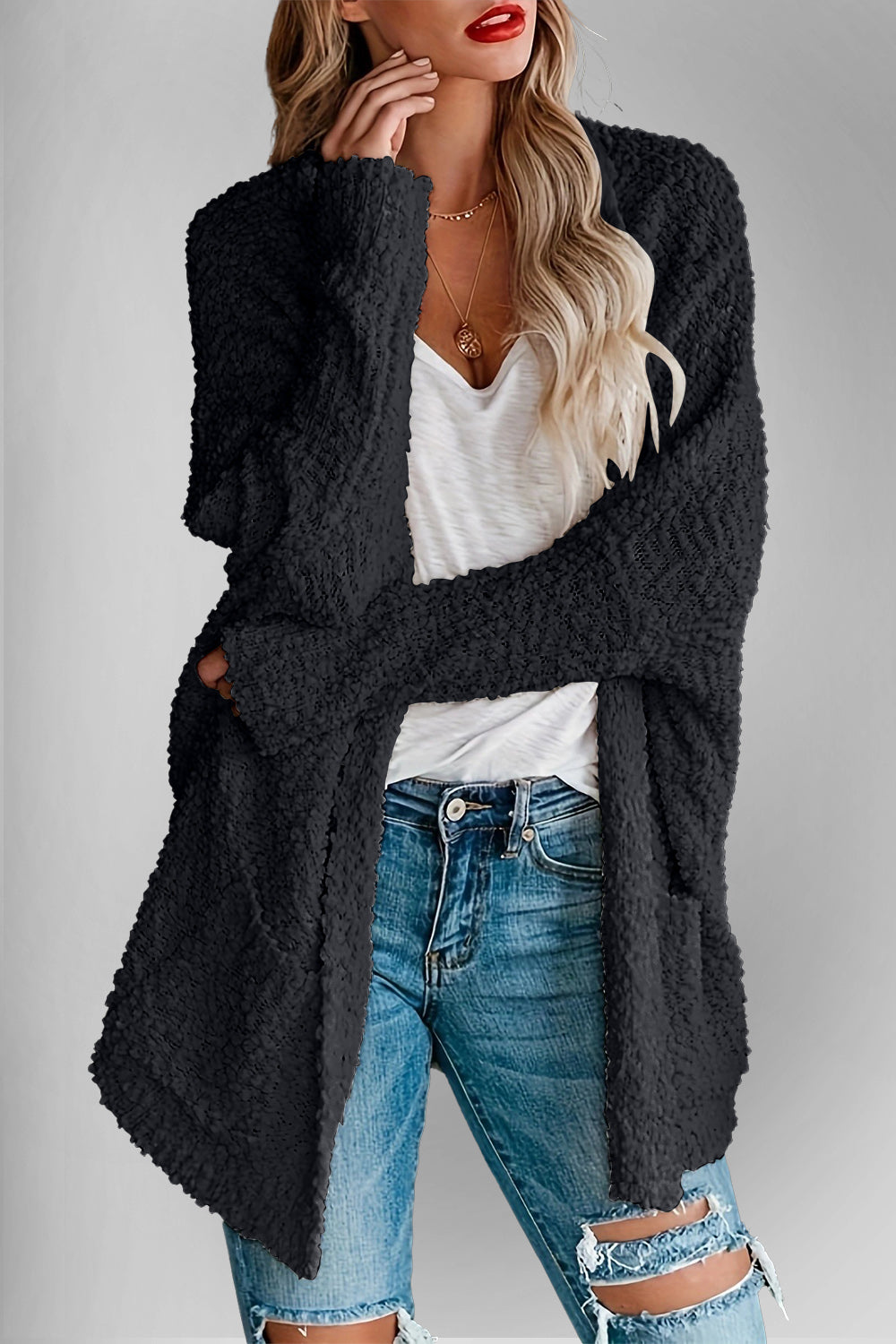 Chic Comfort Open Front Cardigan with Pockets - SleekrMe