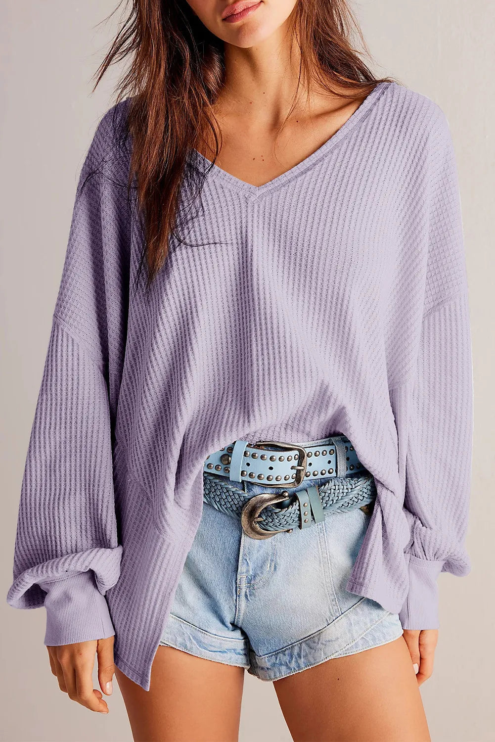 Cozy Chic Waffle-Knit V-Neck Top - SleekrMe