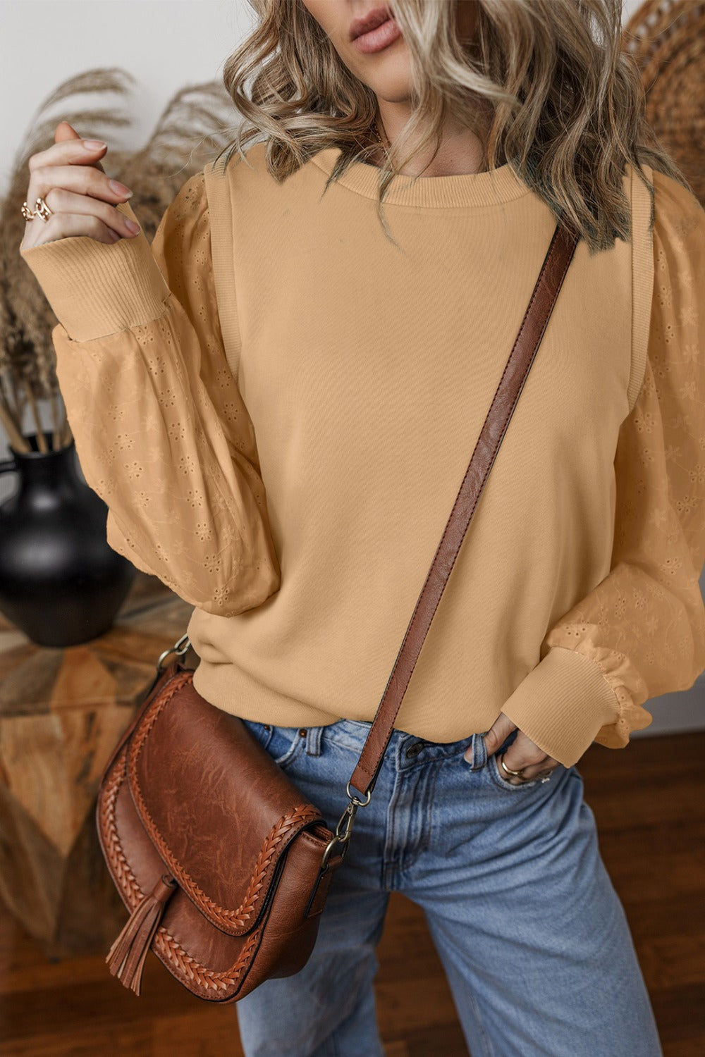 Chic Eyelet Detail Round Neck Sweatshirt - SleekrMe