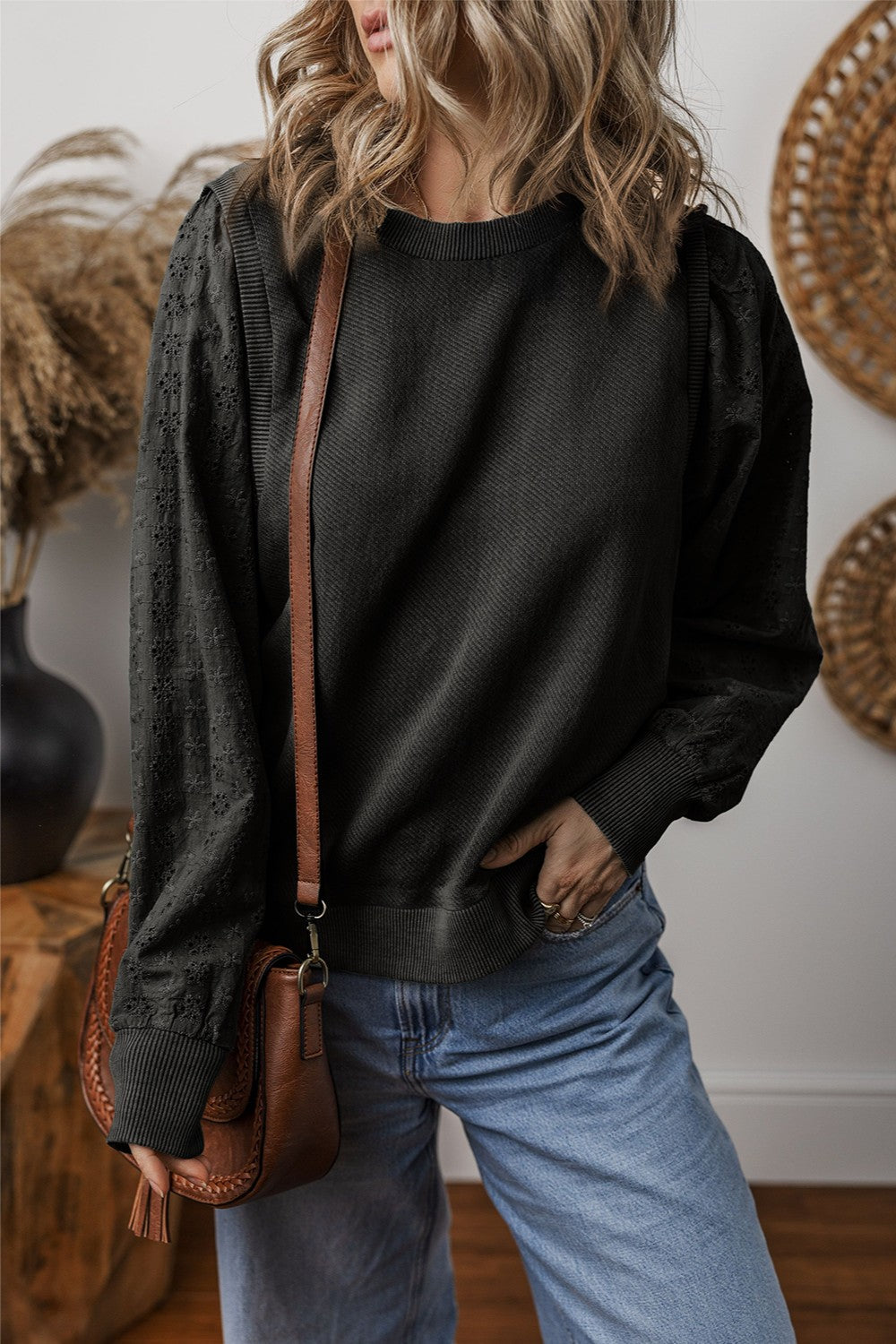 Chic Eyelet Detail Round Neck Sweatshirt - SleekrMe