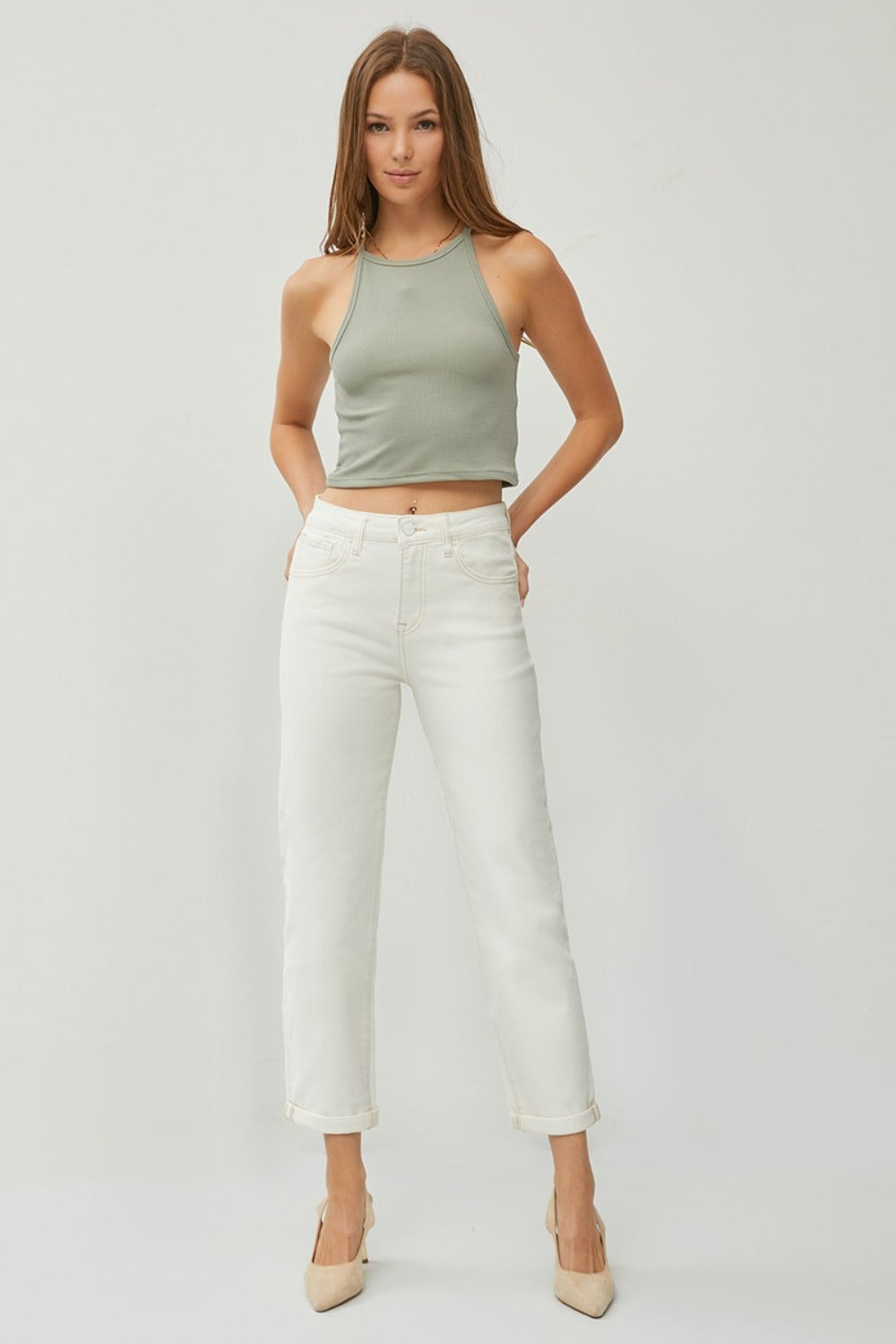 Effortless Chic High-Waist Straight Jeans | Rolled Hem for a Casual Vibe - SleekrMe