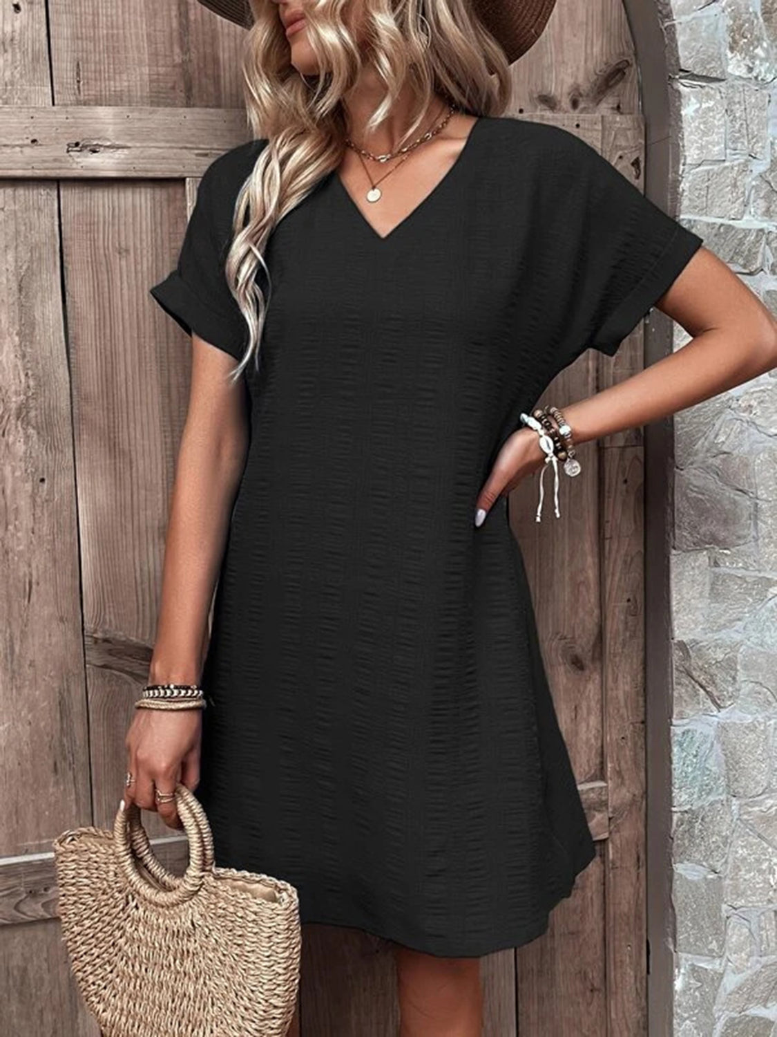 Effortless Chic V-Neck Short Sleeve Mini Dress - SleekrMe