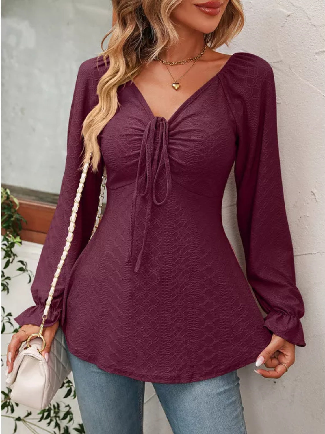 Romantic Ruffle V-Neck Drawstring Blouse - SleekrMe