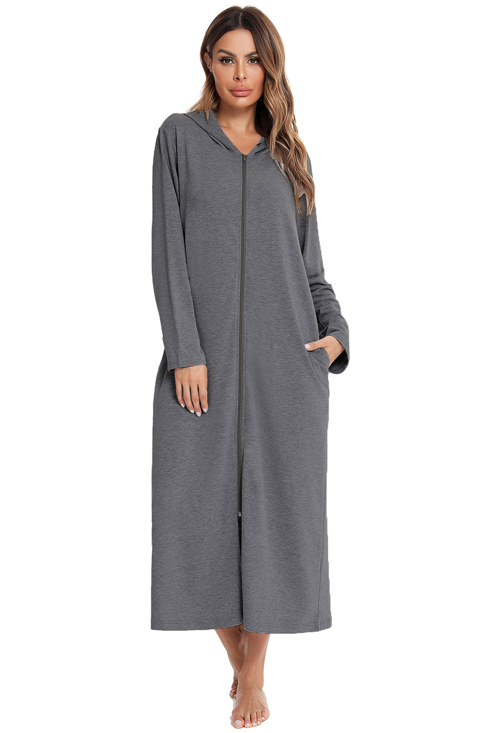 Snuggle-Up Zip Front Hooded Night Dress with Pockets - SleekrMe