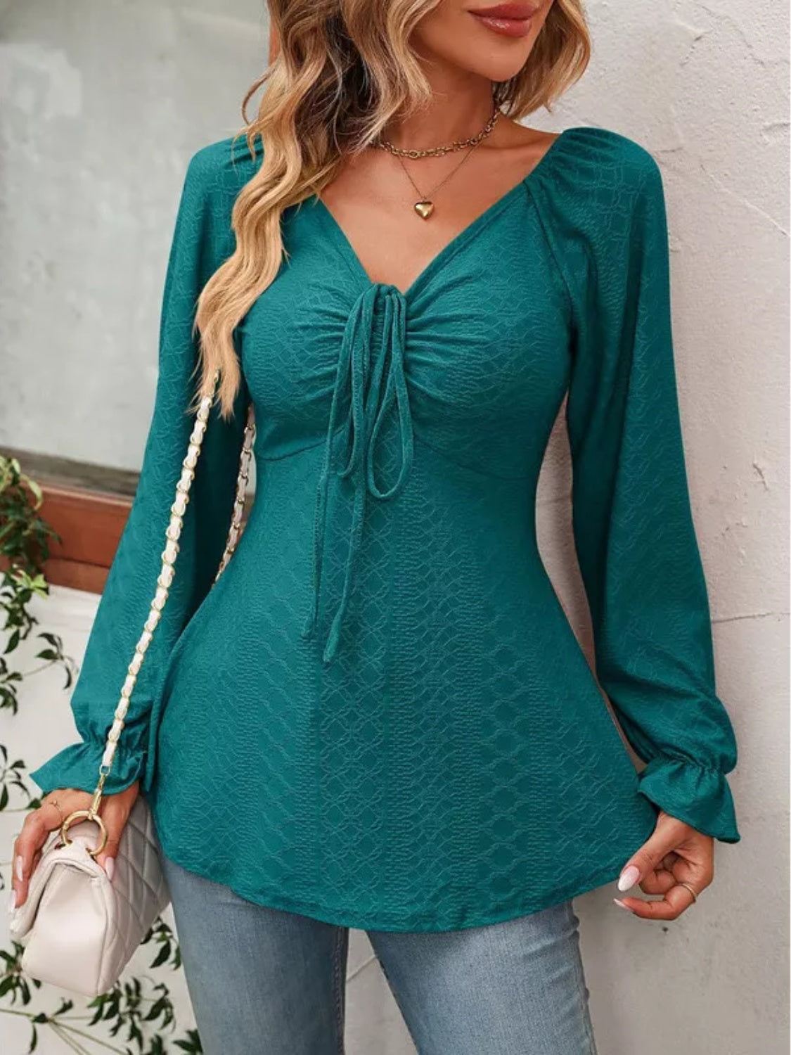 Romantic Ruffle V-Neck Drawstring Blouse - SleekrMe