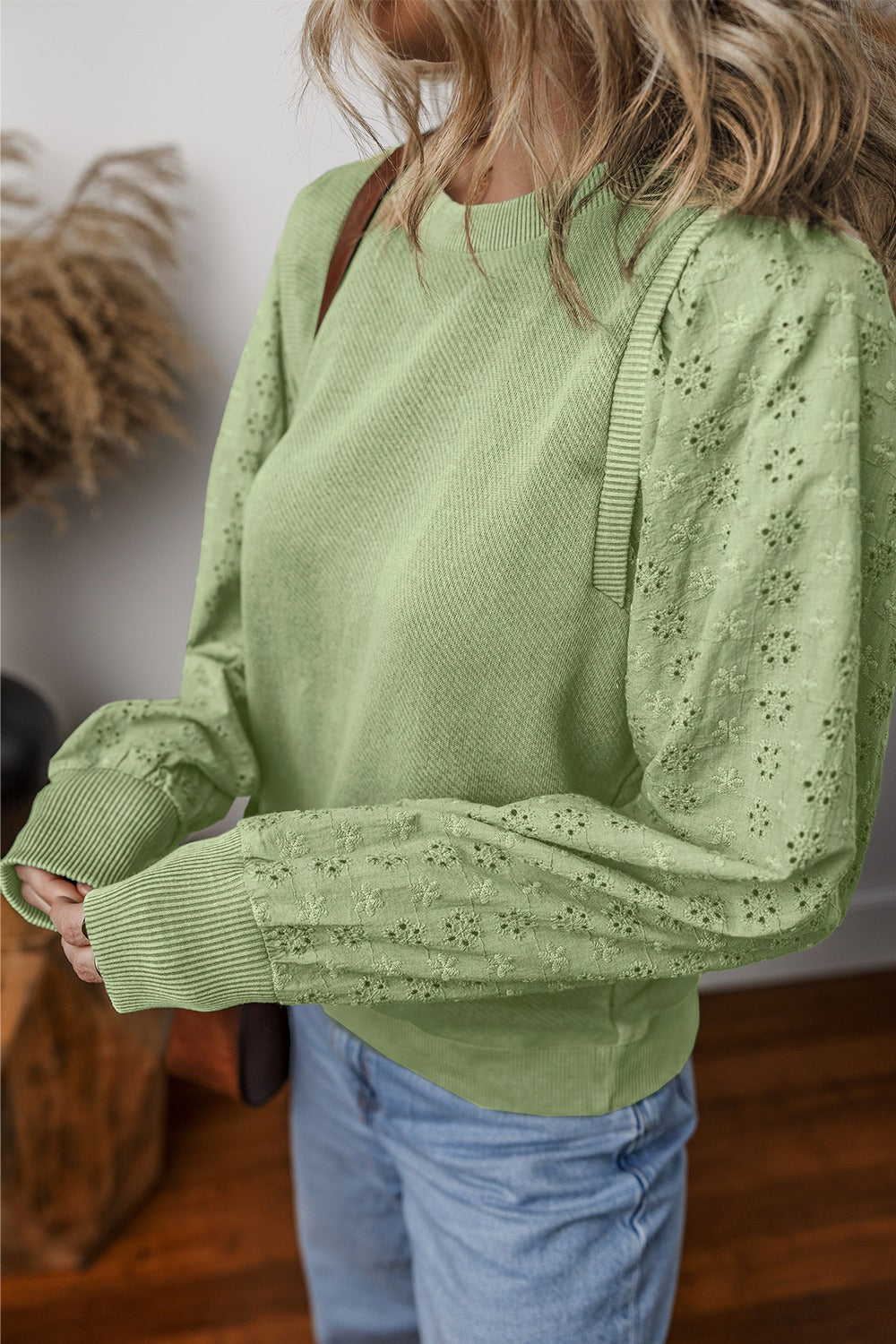 Chic Eyelet Detail Round Neck Sweatshirt - SleekrMe