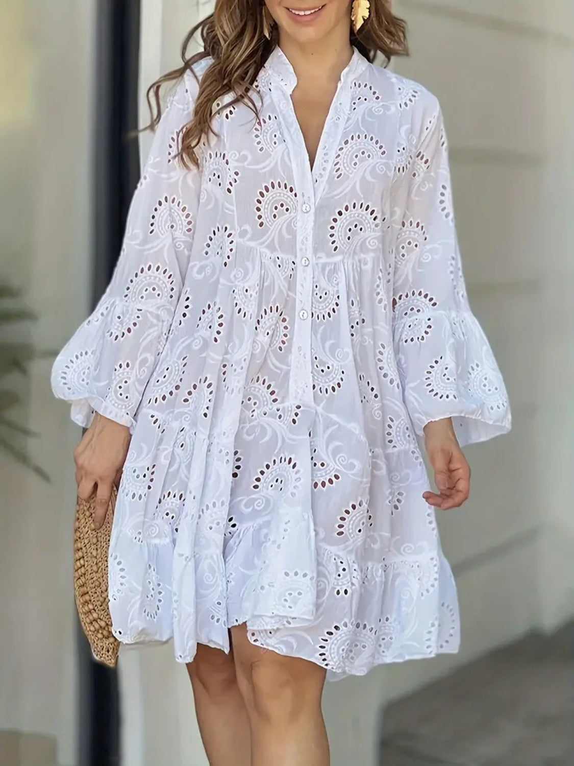 Romantic Ruffles Eyelet Long Sleeve Dress