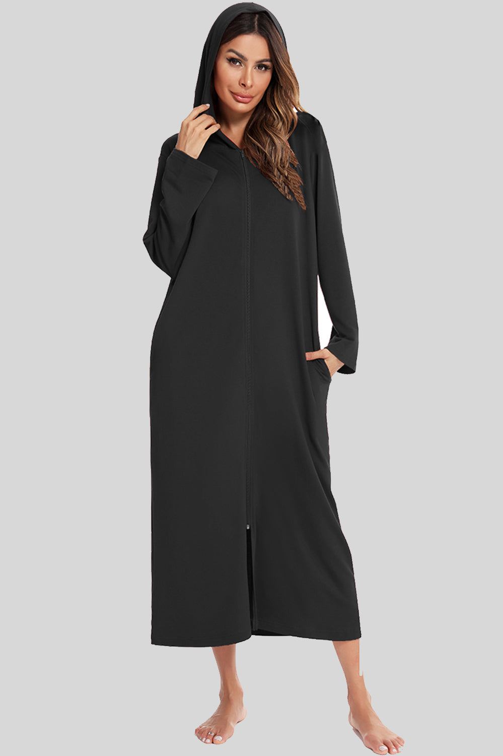 Snuggle-Up Zip Front Hooded Night Dress with Pockets - SleekrMe