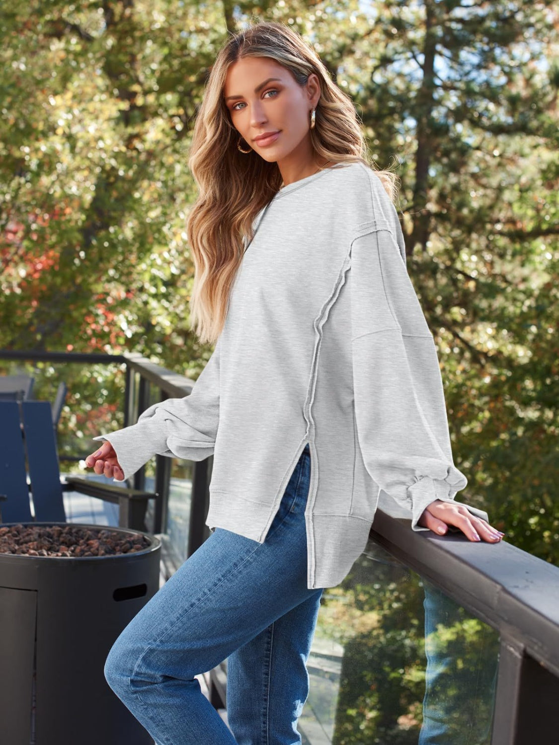 Chic Slit Detail Round Neck Sweatshirt - SleekrMe