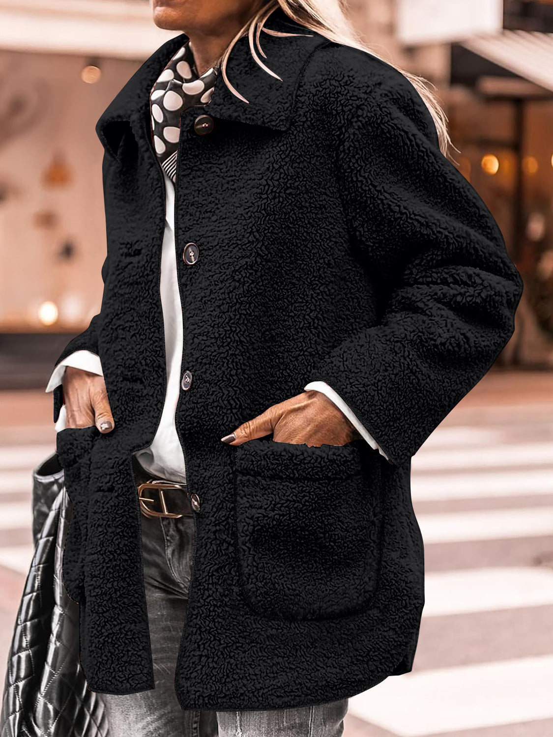 Cozy Sherpa Collared Jacket | Pocketed and Stylish for All-Day Warmth - SleekrMe