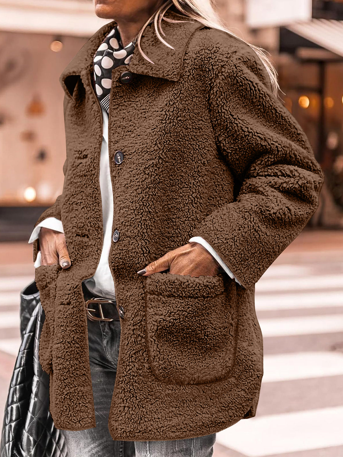 Cozy Sherpa Collared Jacket | Pocketed and Stylish for All-Day Warmth - SleekrMe