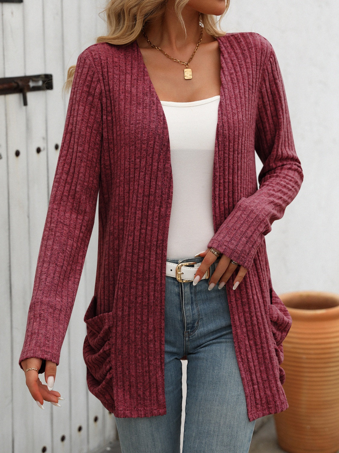 Cozy Ribbed Open-Front Long Sleeve Cardigan - SleekrMe