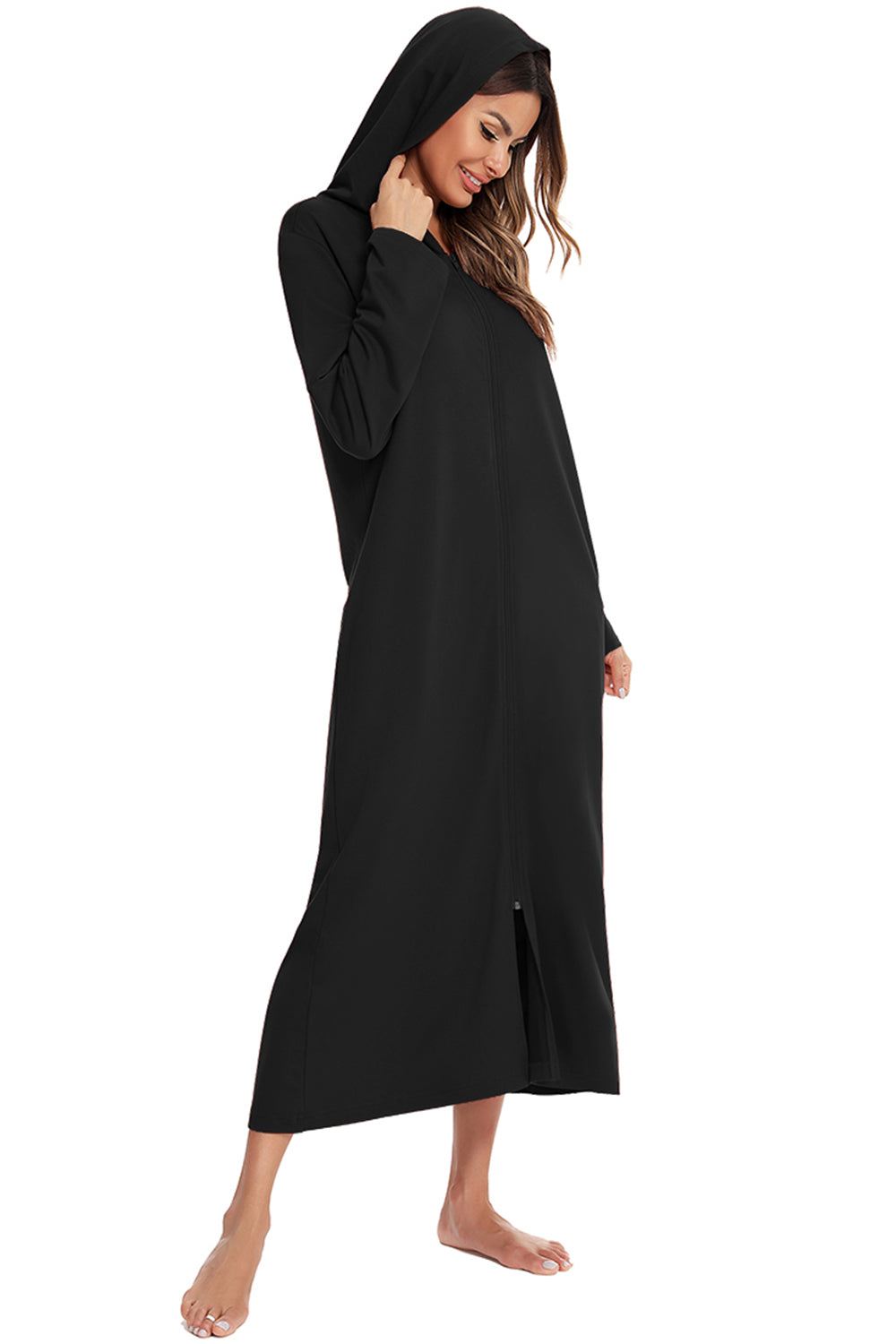 Snuggle-Up Zip Front Hooded Night Dress with Pockets - SleekrMe