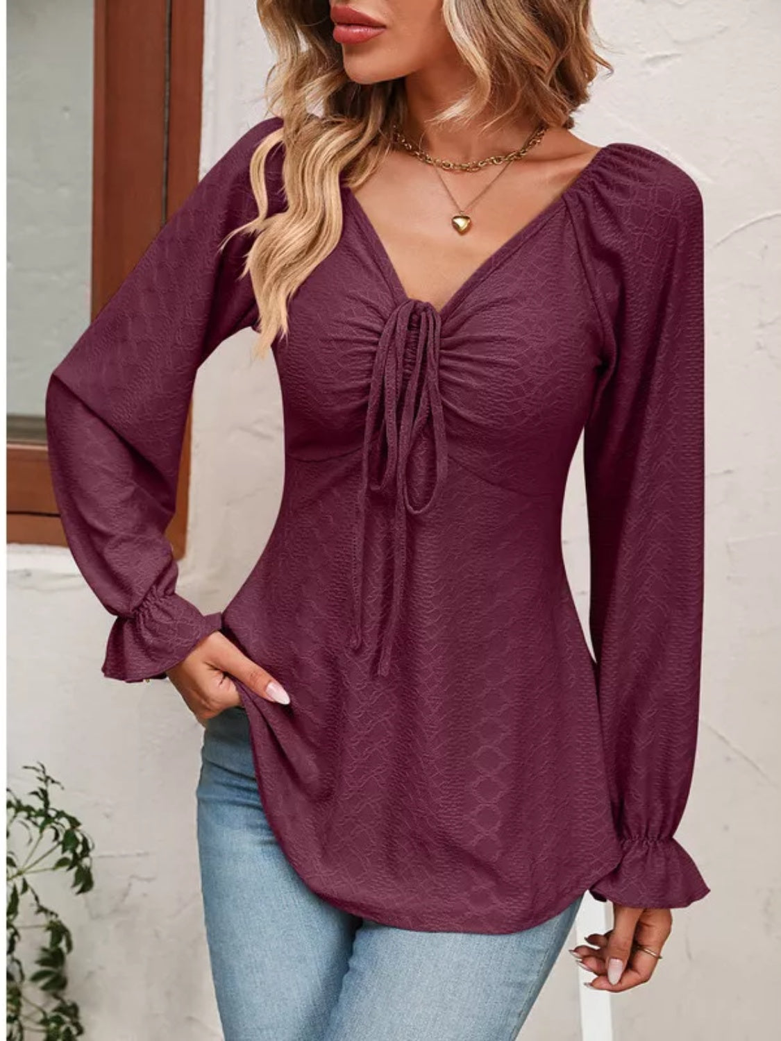 Romantic Ruffle V-Neck Drawstring Blouse - SleekrMe