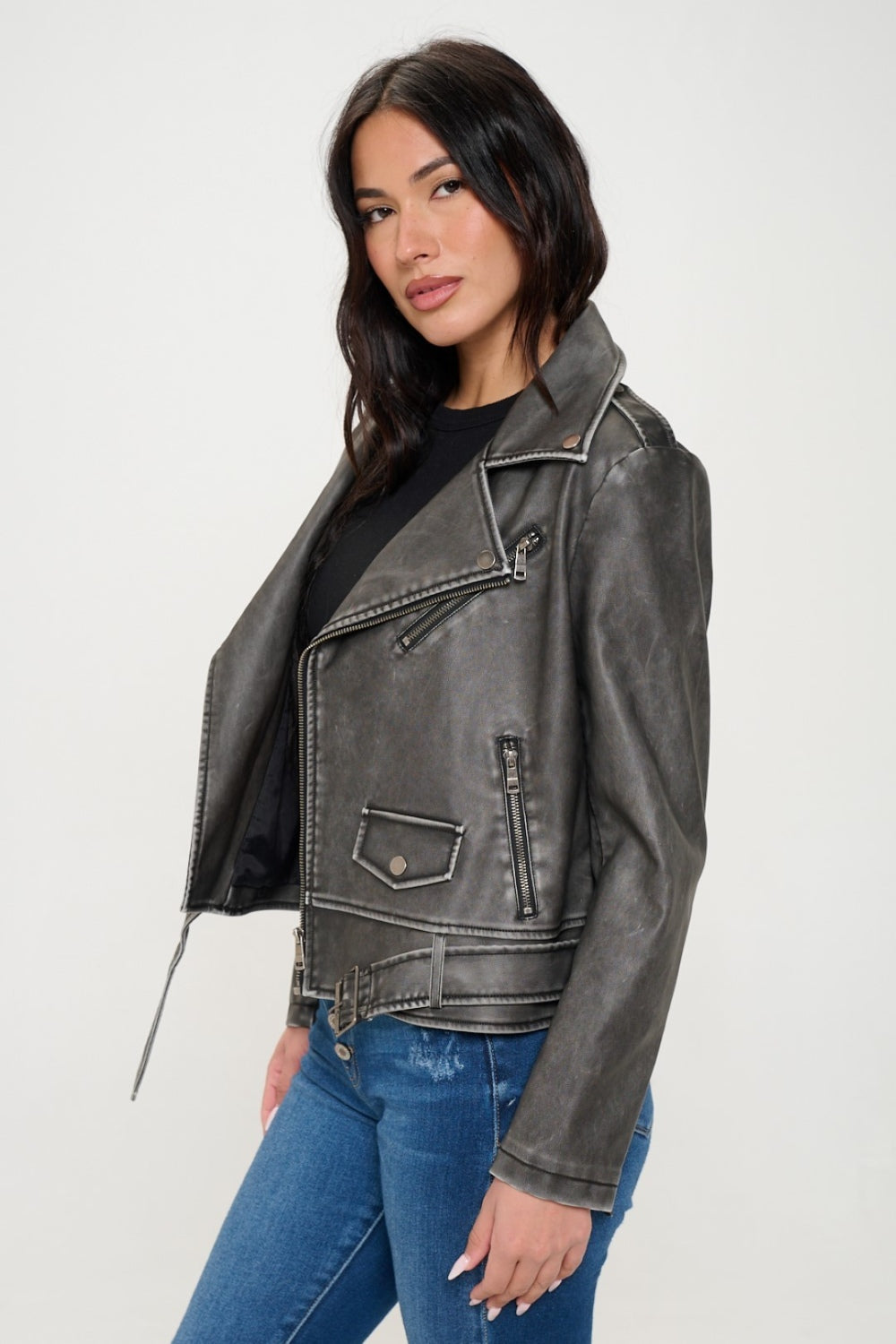 Coalition LA | Edgy Elegance Zip-Up Biker Jacket | Vegan Leather with Belt - SleekrMe