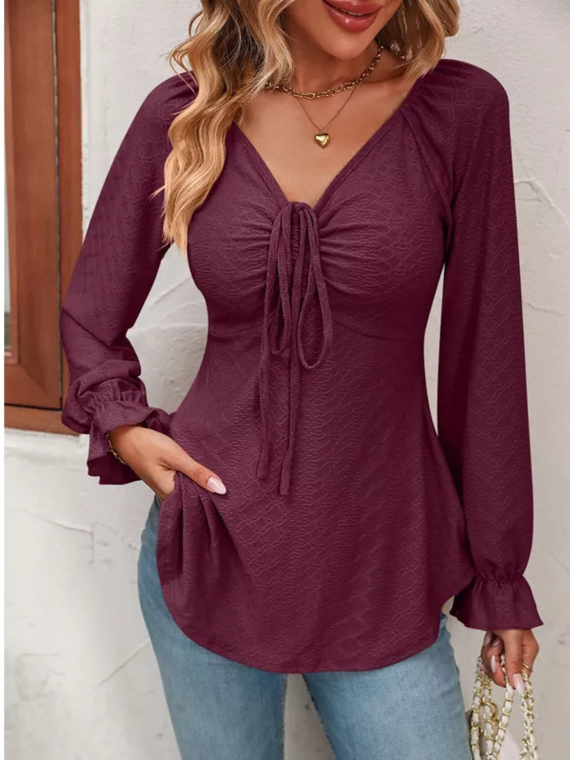 Romantic Ruffle V-Neck Drawstring Blouse - SleekrMe