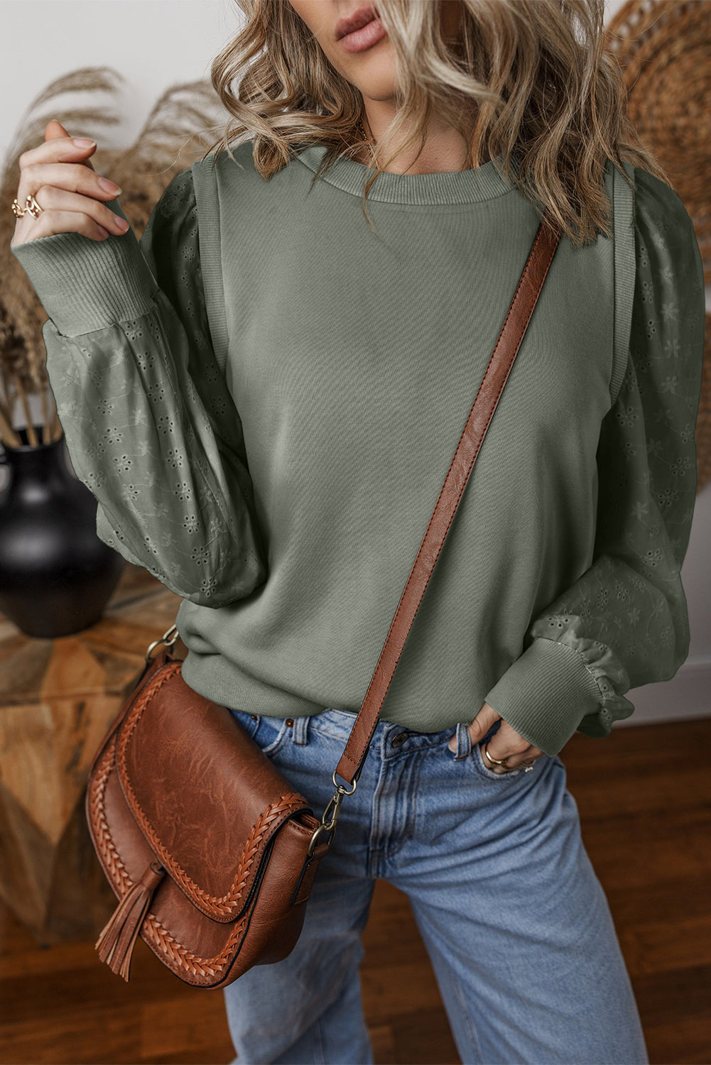 Chic Eyelet Detail Round Neck Sweatshirt - SleekrMe