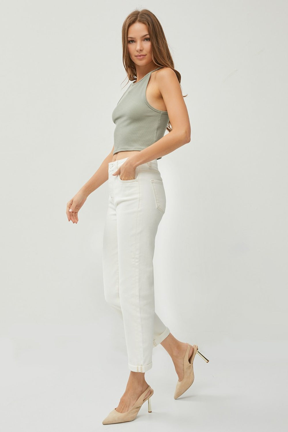 Effortless Chic High-Waist Straight Jeans | Rolled Hem for a Casual Vibe - SleekrMe