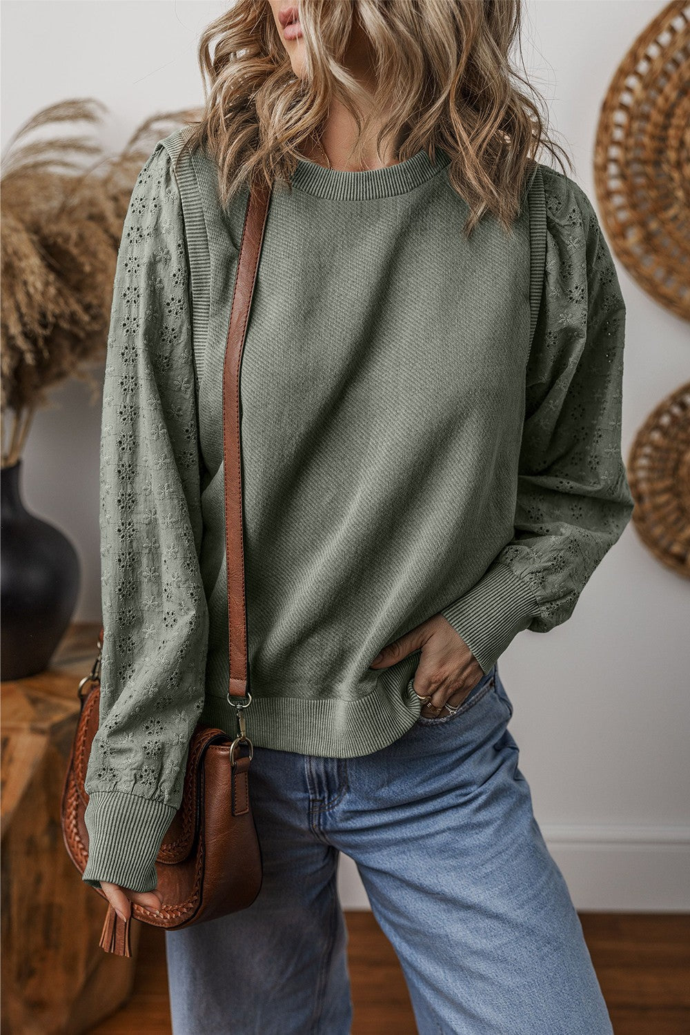 Chic Eyelet Detail Round Neck Sweatshirt - SleekrMe