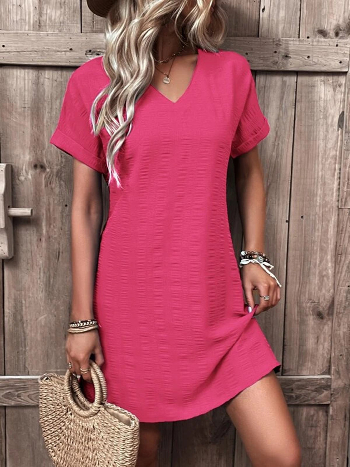 Effortless Chic V-Neck Short Sleeve Mini Dress - SleekrMe