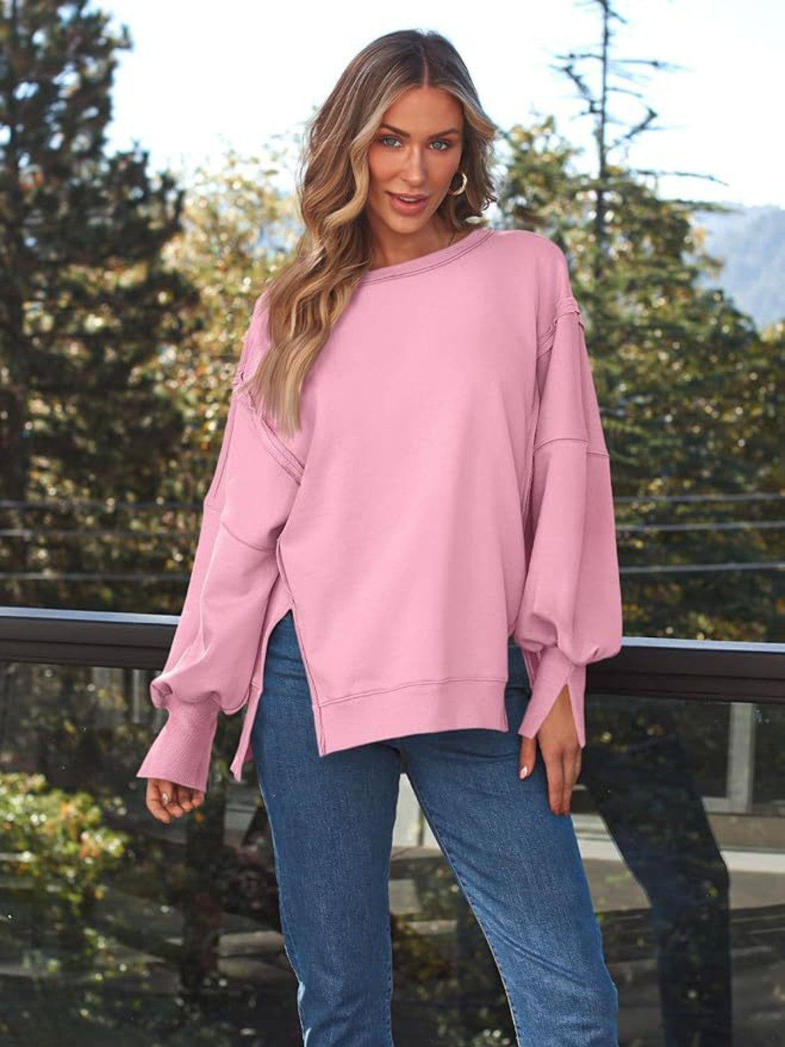 Chic Slit Detail Round Neck Sweatshirt - SleekrMe