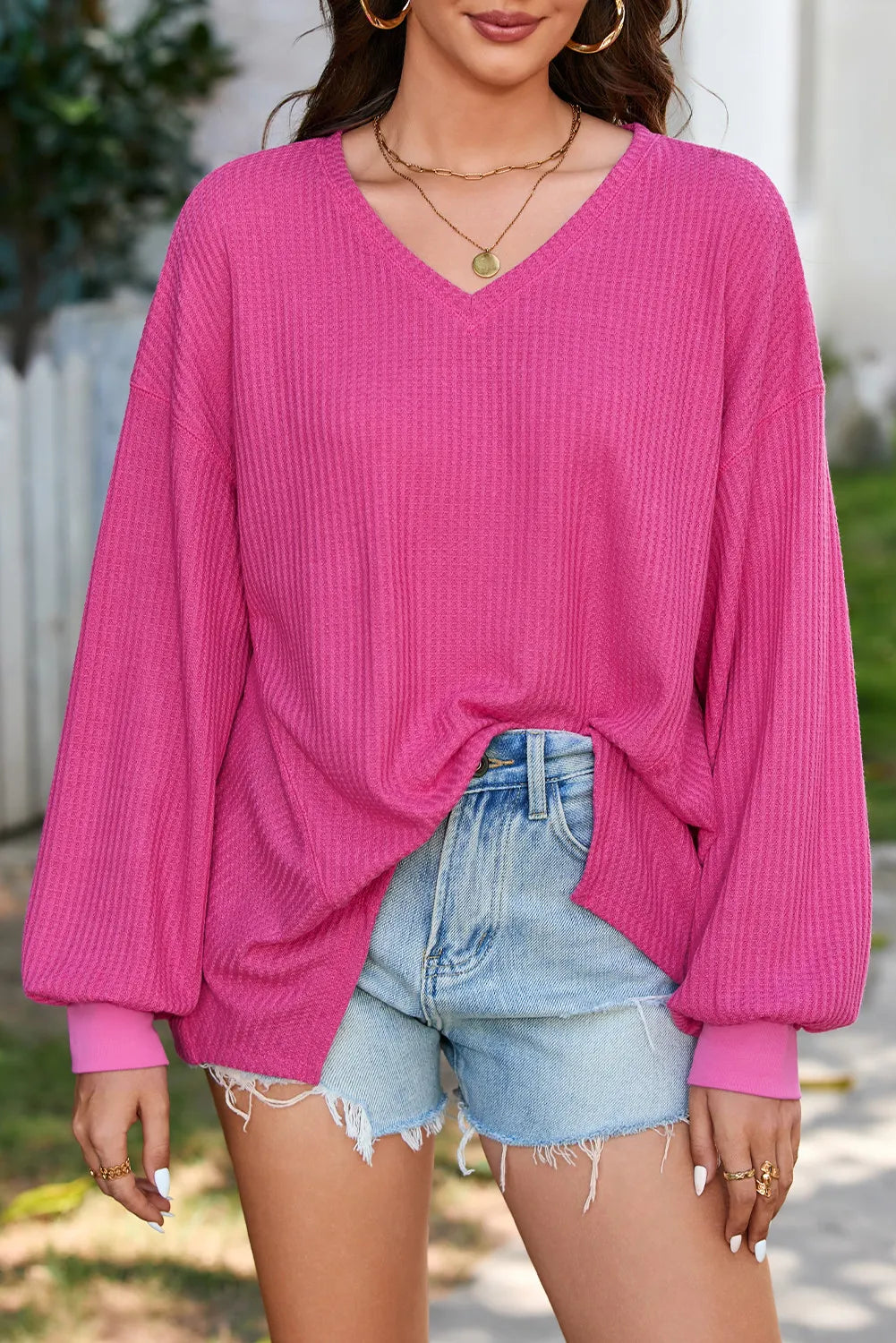 Cozy Chic Waffle-Knit V-Neck Top - SleekrMe