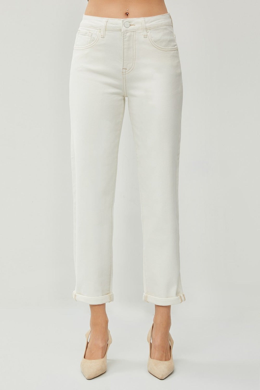 Effortless Chic High-Waist Straight Jeans | Rolled Hem for a Casual Vibe - SleekrMe