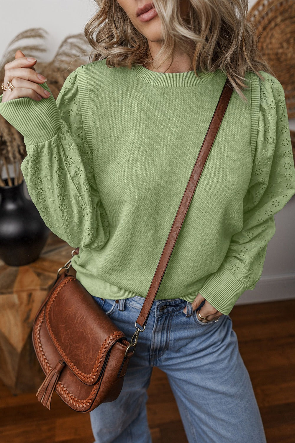 Chic Eyelet Detail Round Neck Sweatshirt - SleekrMe