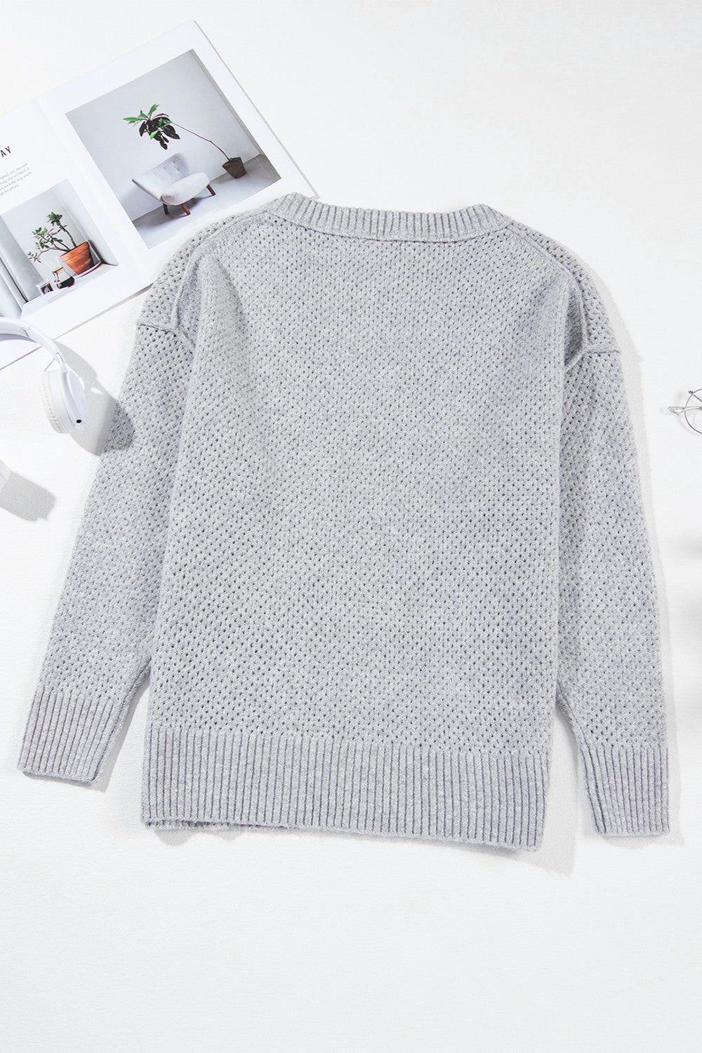 Cozy Charm Openwork V-Neck Sweater - SleekrMe