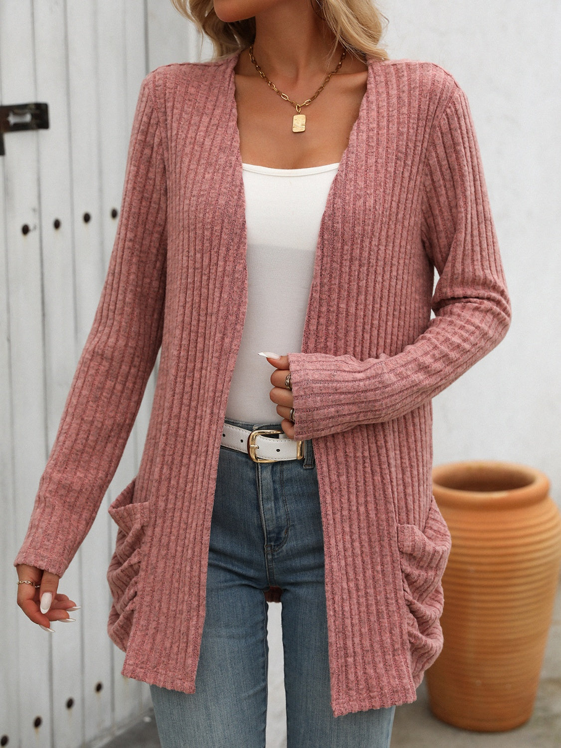 Cozy Ribbed Open-Front Long Sleeve Cardigan - SleekrMe