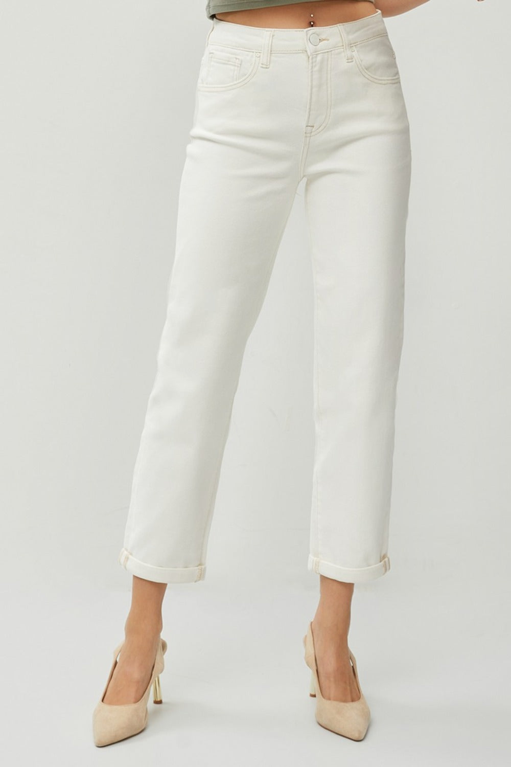 Effortless Chic High-Waist Straight Jeans | Rolled Hem for a Casual Vibe - SleekrMe