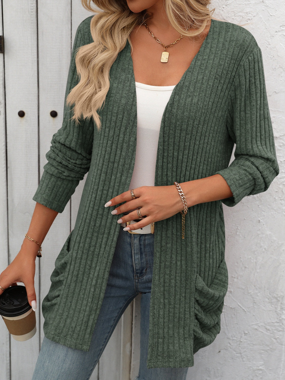 Cozy Ribbed Open-Front Long Sleeve Cardigan - SleekrMe