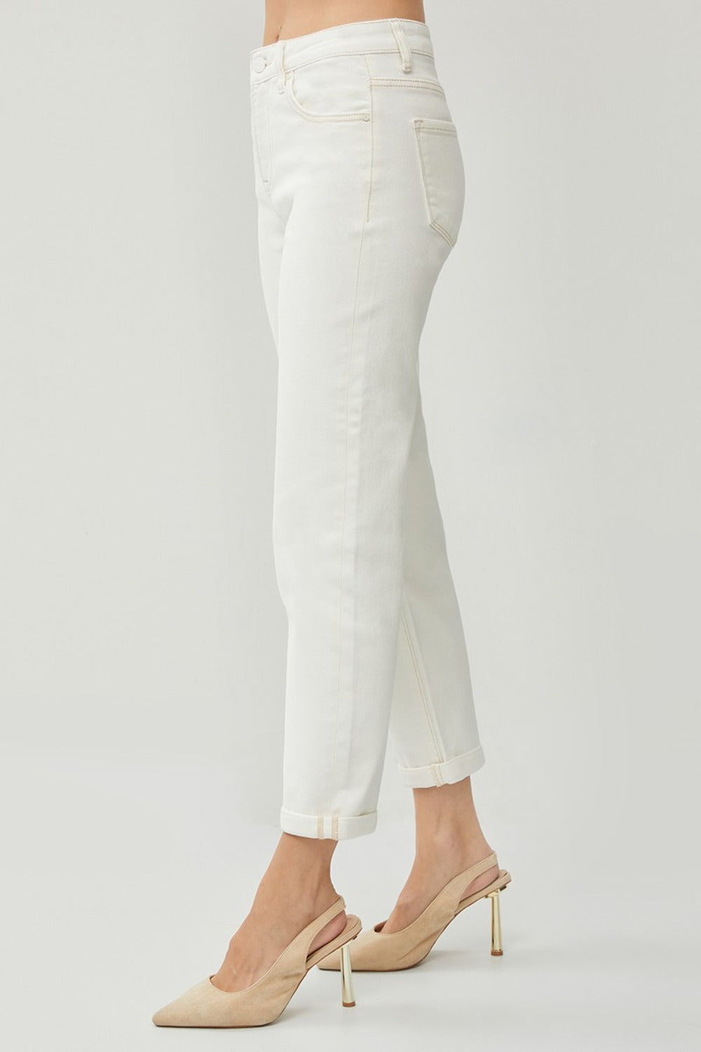 Effortless Chic High-Waist Straight Jeans | Rolled Hem for a Casual Vibe - SleekrMe