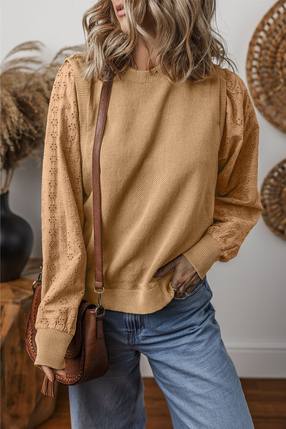 Chic Eyelet Detail Round Neck Sweatshirt - SleekrMe