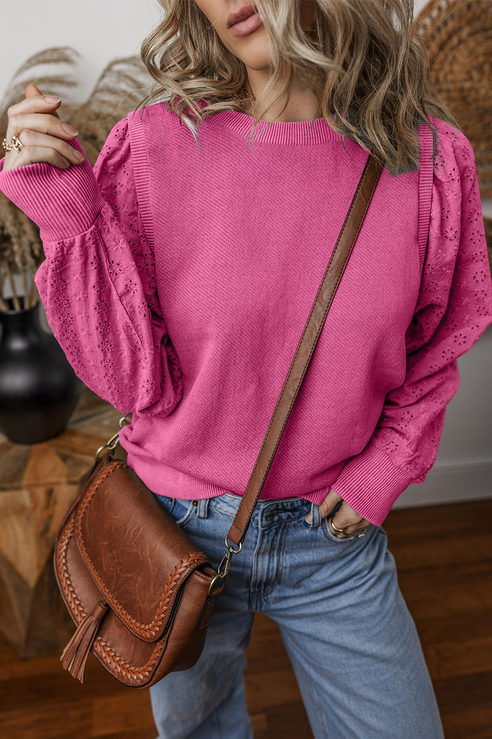 Chic Eyelet Detail Round Neck Sweatshirt - SleekrMe