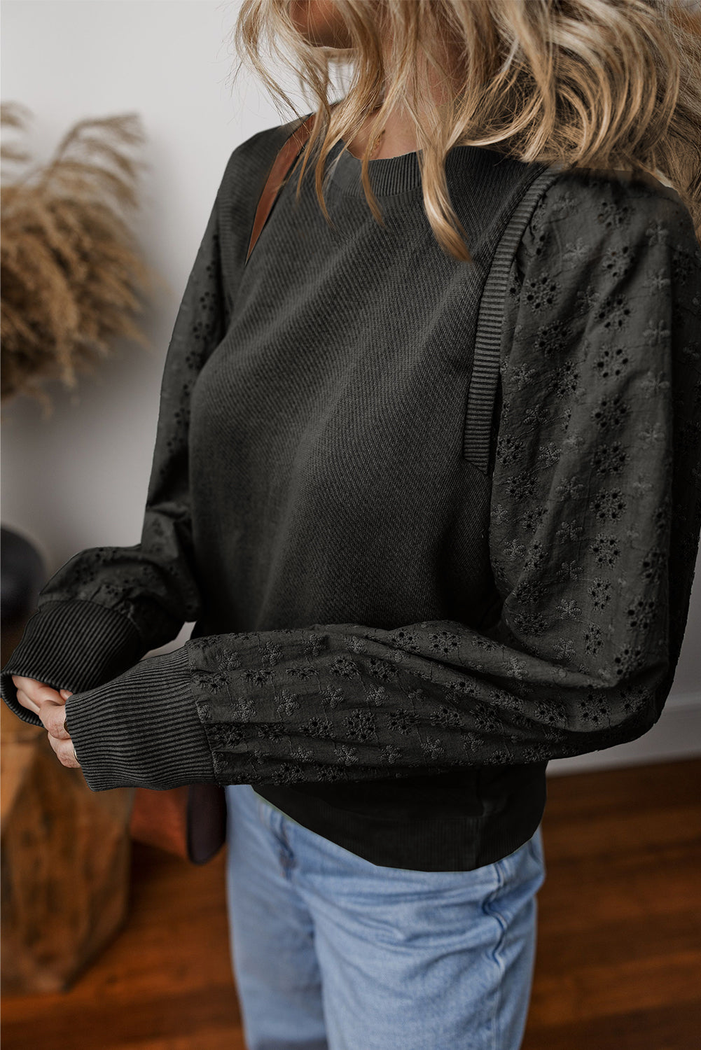 Chic Eyelet Detail Round Neck Sweatshirt - SleekrMe