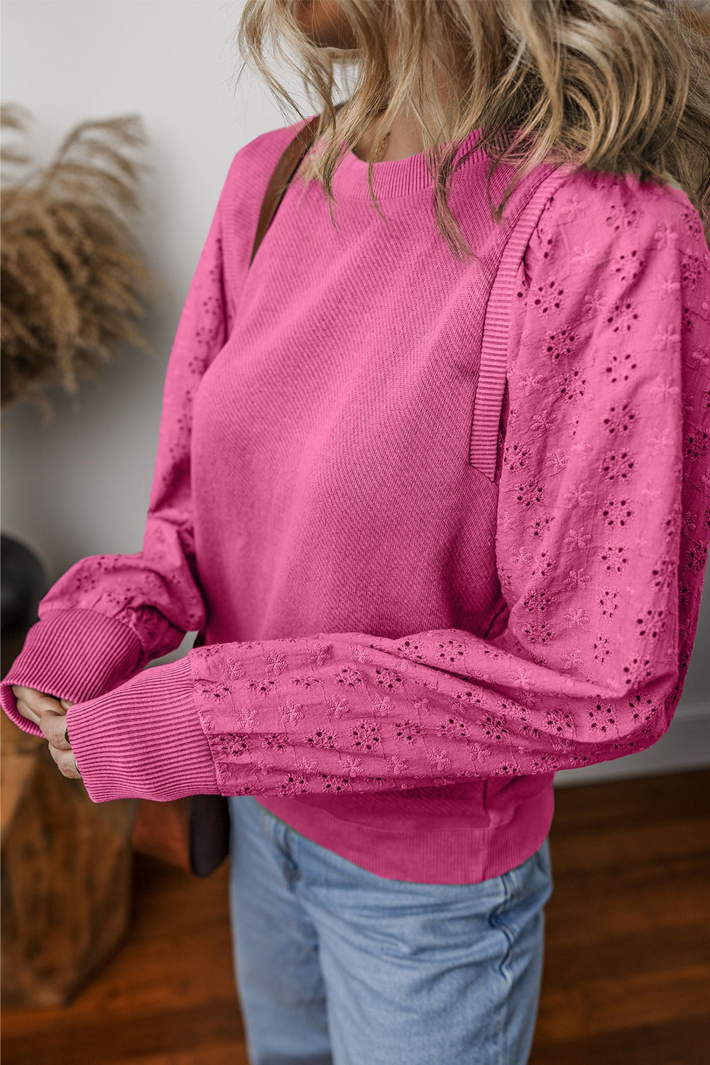 Chic Eyelet Detail Round Neck Sweatshirt - SleekrMe